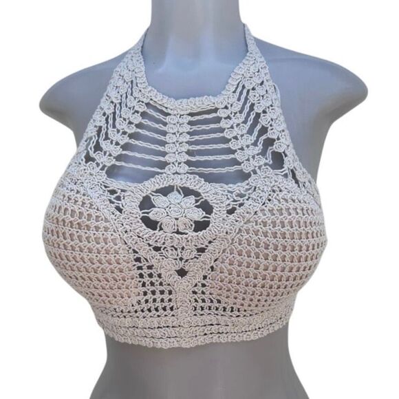 Rebellion Again Crop Top Women's Medium Ecru Crochet Macrame Halter Tie Boho - Picture 14 of 15